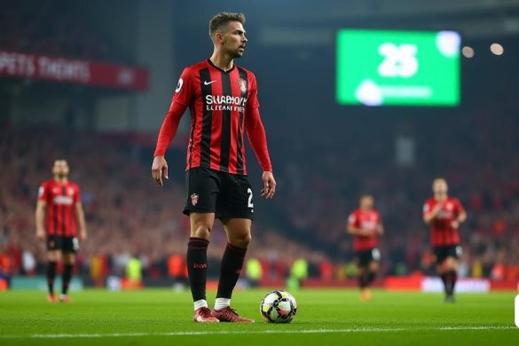 La imagen captura una escena dinámica de fútbol con Dean Huijsen, una figura imponente en '6ft 5in' (195cm), de pie con confianza en el campo en un vibrante kit de Bournemouth. Su postura es asertiva, exudando un aire de 'dominio' y 'compostura' mientras examina el campo. El fondo es un borrón de fanáticos excitados en las gradas, con colores de 'rojo' y 'negro' que refleja los colores del equipo, creando una atmósfera electrizante. Huijsen está en medio de un partido, con sus compañeros de equipo cerca, mostrando un momento de 'juego intenso'. Él sostiene la pelota a sus pies, listo para hacer un pase incisivo, su enfoque agudo e inquebrantable. La hierba debajo de él es exuberante y verde, brillante debajo de las luces del estadio, mientras que el marcador en la distancia muestra el tiempo actual del partido, lo que se suma a la urgencia de la escena. Su expresión facial es de determinación, que encarna la esencia de un jugador joven que ha aumentado rápidamente a la fama en la Premier League, con su 'perfi