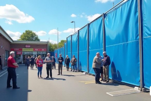 La imagen captura una escena ocupada en el estacionamiento Co-op Canford Lane en Westbury-on-Trym, Bristol. En primer plano, las 'paredes azules altas' dominan el paisaje, contrastando con el asfalto gris del estacionamiento. Las paredes están recientemente erigidas, su tono 'azul vibrante' que refleja la luz del sol, creando una atmósfera algo surrealista. A la izquierda, un grupo de 'residentes' preocupados se paran en un pequeño grupo, sus expresiones una mezcla de confusión y frustración mientras discuten los cambios repentinos. Se puede ver a una mujer mayor, 'Sylvia Townsend', señalando hacia las paredes, su rostro grabado con 'angustia'. En el fondo, el 'Centro Comercial de Carlton Court' se avecina, sus escaparates que se muestran 'para la venta' y los letreros de 'precios reducidos', insinuando el impacto económico que los muros han tenido en las empresas locales. Algunos compradores, que aparecen perplejos, navegan alrededor de las barreras, mientras que una 'rampa para discapacitados' es visible, p