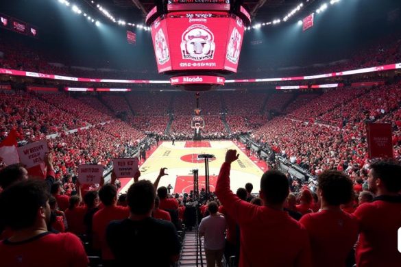 La imagen captura una escena vibrante de una arena de baloncesto llena, llena de entusiastas fanáticos de Raptors con los colores de su equipo, predominantemente 'rojo' y 'negro'. La multitud es un mar de emoción, con algunos fanáticos agitando 'banderas' y otras sosteniendo señales que decían 'We Believe' y 'La próxima temporada es nuestra'. En primer plano, se ve a un grupo de fanáticos vitoreando en voz alta, sus caras pintadas en colores de 'Raptors', mostrando su inquebrantable apoyo a pesar de las luchas del equipo. La atmósfera es eléctrica, con brillantes 'luces de arena' iluminando la cancha, donde los jugadores se dedican a una sesión de práctica acalorada. En el fondo, el icónico logotipo de 'Raptors' se muestra prominentemente en la pantalla gigante anterior, lo que se suma al ambiente. La energía es palpable, con una mezcla de esperanza y determinación en el aire, ya que los fanáticos anticipan ansiosamente la próxima temporada.