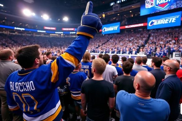 La imagen captura una escena vibrante del bullicioso evento 'NHL Draft', lleno de emoción y anticipación. En primer plano, un 'St. El fanático de Louis Blues, adornado en una camiseta azul brillante, agita un gran dedo de espuma, que muestra el espíritu de su equipo. Detrás de ellos, una multitud diversa de fanáticos, cada uno con camisetas de varios equipos, discuten animadamente los posibles oficios de jugadores y selecciones de draft. El lugar está decorado con pancartas 'NHL' y pantallas grandes que muestran estadísticas de jugadores y logotipos de equipo. En el fondo, un panel de analistas expertos se sienta en una mesa elegante y moderna, dedicada a una animada discusión sobre las implicaciones de las "hojas de ofrecimiento" y las adquisiciones de jugadores. La atmósfera es eléctrica, con destellos de cámaras que capturan el momento, mientras que la energía de los fanáticos crea un zumbido palpable en toda la arena. Una pancarta de 'New York Rangers' cuelga prominentemente, insinuando las discusiones en