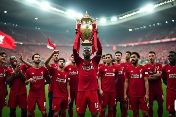 La imagen captura una escena vibrante en Anfield, donde un mar de apasionados fanáticos del 'Liverpool' vestía de las icónicas 'camisas caseras' rojas llenan las gradas, sus caras pintadas con los colores del club. La atmósfera es eléctrica, con pancartas que ondean y bufandas en alto, simbolizando la unidad y el orgullo de los seguidores. En el centro del campo, 'Virgil van Dijk', el imponente defensor, está listo para levantar el codiciado 'Trofeo de la Premier League', brillando bajo las luces del estadio. El trofeo, adornado con su acabado dorado, refleja la alegría del momento. Al rodearlo están sus compañeros de equipo, todos con el clásico 'Liverpool Red Kit', sus expresiones una mezcla de triunfo y euforia. El telón de fondo presenta el histórico estadio 'Anfield', con su famoso himno 'nunca caminará solo' que resuena en el aire, creando un recordatorio conmovedor de la rica historia del club y la importancia de esta victoria. La imagen transmite una poderosa sensación de logro, camaradería y la conex