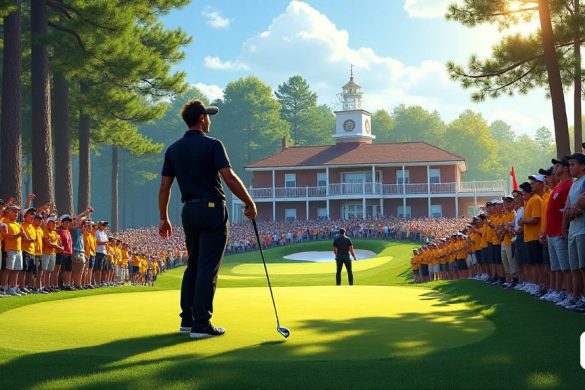 La imagen captura una escena vibrante en Quail Hollow Golf Club durante el Campeonato PGA, mostrando la anticipación y la energía de la multitud. En primer plano, Scottie Scheffler se encuentra con confianza en la primera camiseta, vestida con un elegante atuendo de golf negro, su visera arrojando una sombra sobre sus ojos enfocados. Él agarra a su conductor, los músculos tensos, mientras se prepara para su swing. Justo detrás de él, Hideki Matsuyama se ve a mediados de los golpes, su cuerpo enrollado y listo, la pelota ya se eleva hacia los Pines Charlotte. La multitud, un mar de entusiastas del golf, es una mezcla de jóvenes fanáticos y espectadores experimentados, ¡todos gritando ansiosamente 'Scottie! ¡Escocés! ¡Escocés!' En un coro de emoción, sus rostros encendidos con entusiasmo. Los voluntarios en chalecos amarillos brillantes intentan calmar a la multitud, sus brazos levantados en un gesto de silencio. El telón de fondo presenta faucas verdes exuberantes y árboles imponentes, con la icónica casa club