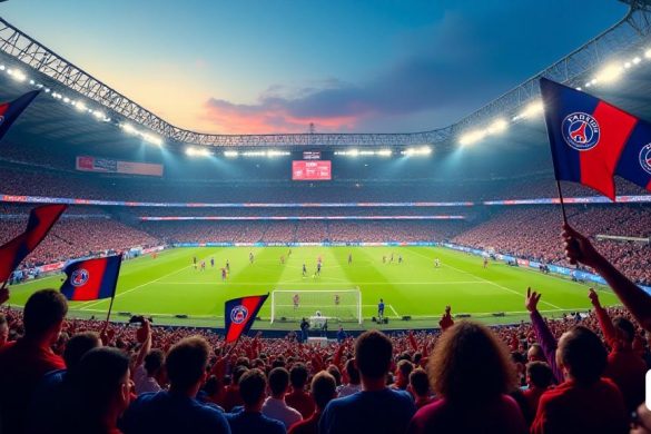 La imagen captura una escena vibrante en un bullicioso estadio de fútbol en Francia, lleno de apasionados fanáticos vestidos con los colores de sus equipos favoritos de la Ligue 1. En primer plano, un grupo de seguidores agita las banderas grandes estampadas con el logotipo de 'Paris Saint-Germain', sus caras pintadas en el firma rojo y azul del equipo. La atmósfera es eléctrica, con un mar de bufandas elevados, creando una ola de color que ondula a la multitud. Los brillantes reflectores del estadio iluminan el campo, donde los jugadores son vistos en acción, mostrando sus habilidades en un partido tenso. En el fondo, un gran marcador digital muestra el puntaje y el tiempo actuales, mientras que las pancartas cuelgan de las gradas, promoviendo el próximo formato de playoffs. Las expresiones de los fanáticos van desde la euforia hasta la ansiedad, lo que refleja las altas apuestas del juego. Arriba, el cielo pasa de un azul brillante a los cálidos tonos de la puesta de sol, insinuando el paisaje cambiante del