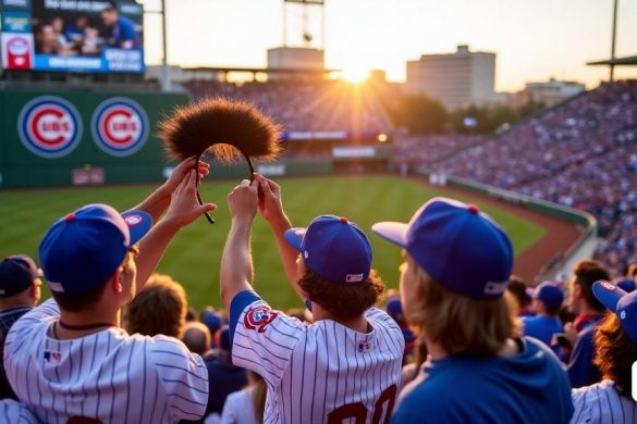 La imagen captura una escena vibrante en Wrigley Field, llena de energía mientras los fanáticos se reúnen para un juego de los Chicago Cubs. En primer plano, un grupo de fanáticos entusiastas, con camisetas y gorras de los Cachorros, está con entusiasmo sosteniendo una diadema de 'Swanson Flow', que muestra su apoyo al campocorto Dansby Swanson. La diadema, diseñada para imitar el 'cabello negro jet' de Swanson, es un accesorio llamativo que se suma a la atmósfera festiva. Detrás de ellos, el icónico muro de campo cubierto de hiedra es visible, adornado con el clásico logotipo de 'Cubs'. Las stands están llenas de un mar de azul y blanco, con algunos fanáticos agitando banderas y otros disfrutando de bocadillos. El marcador en el fondo muestra el estado actual del juego, mientras que el sol se pone, lanzando un cálido tono dorado sobre el campo, mejorando la sensación de camaradería y anticipación para el juego. El estado de ánimo general es de emoción y comunidad, que refleja el espíritu del béisbol y la con
