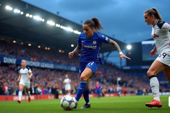 La imagen captura una escena vibrante y dinámica de un partido de la Super League femenino, mostrando la intensidad y la emoción del juego. En primer plano, una jugadora determinada del 'Chelsea', con el icónico kit azul, es capturada a mitad de acción mientras goteaba hábilmente la pelota más allá de un oponente en un kit 'blanco' contrastante, simbolizando 'Tottenham'. La cara del jugador es una mezcla de concentración y determinación, con cuentas de sudor brillando debajo de las luces del estadio. En el fondo, un estadio lleno está vivo con energía; Los fanáticos agitan banderas 'Chelsea' y sostienen pancartas en apoyo, creando un mar de azul y blanco. La atmósfera es eléctrica, con algunos fanáticos parados y vitoreados, mientras que otros son capturados en momentos de anticipación, sus expresiones una mezcla de esperanza y emoción. Sobre el campo, el cielo es un 'azul' más profundo, insinuando al anochecer, con flojos que iluminan la acción a continuación. El marcador en la distancia muestra un puntaje c