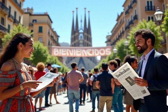 La imagen captura una vibrante escena callejera en Barcelona, ​​España, llena de actividad. En primer plano, un grupo diverso de personas que representan diversas etnias y antecedentes se dedican a conversaciones animadas, lo que refleja el tema de la "inmigración". Una mujer joven que usa un colorido 'vestido tradicional' está entregando volantes sobre la nueva ley de inmigración, mientras que un hombre de mediana edad con traje está leyendo un periódico que presenta un titular sobre las 'nuevas regulaciones'. En el fondo, se puede ver la icónica 'Sagrada Familia', su intrincada arquitectura que simboliza el rico patrimonio cultural de España. Los vendedores ambulantes están vendiendo 'tapas' y 'paella', lo que se suma a la atmósfera animada. El cielo es un azul claro, y la luz del sol arroja tonos cálidos sobre la escena, mejorando el sentido de la comunidad y la esperanza. Una gran pancarta que colgó por la calle dice 'Bienvenidos', dando la bienvenida a los recién llegados, mientras que un pequeño grupo d