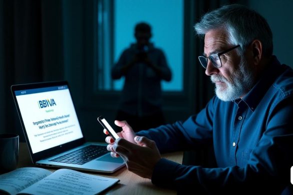 La imagen muestra a un cliente preocupado sentado en un escritorio, iluminado por el brillo suave de la pantalla de una computadora. La habitación está tenuemente iluminada, creando una sensación de urgencia. El cliente, un individuo de mediana edad con una expresión preocupada, está sosteniendo un teléfono inteligente en una mano, mostrando un mensaje que dice 'importante: verificar su cuenta' en letras en negrita. En el escritorio, una computadora portátil muestra el logotipo de BBVA prominentemente, junto con un mensaje de advertencia sobre posibles estafas. Un bloc de notas está abierto con notas garabateadas, incluidas frases como 'nunca compartir datos personales' y 'solo llamar número oficial'. En el fondo, se puede ver una figura sombría a través de una ventana, que representa la amenaza invisible de los cibercriminales. La atmósfera es tensa, enfatizando la gravedad de la situación mientras el cliente contempla su próximo movimiento.