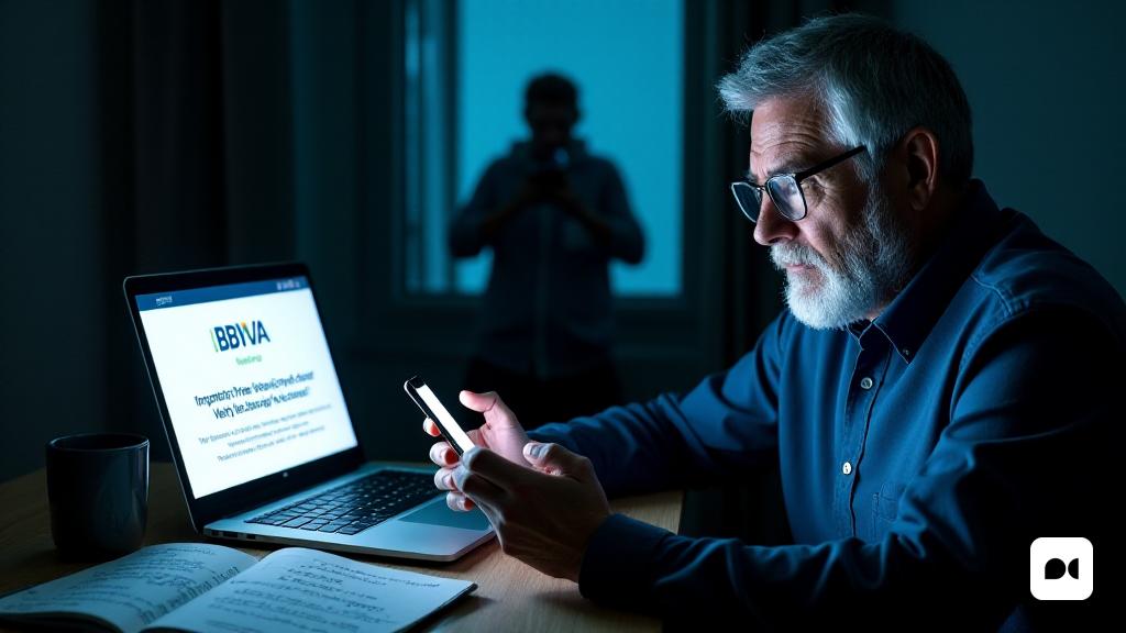 La imagen muestra a un cliente preocupado sentado en un escritorio, iluminado por el brillo suave de la pantalla de una computadora. La habitación está tenuemente iluminada, creando una sensación de urgencia. El cliente, un individuo de mediana edad con una expresión preocupada, está sosteniendo un teléfono inteligente en una mano, mostrando un mensaje que dice 'importante: verificar su cuenta' en letras en negrita. En el escritorio, una computadora portátil muestra el logotipo de BBVA prominentemente, junto con un mensaje de advertencia sobre posibles estafas. Un bloc de notas está abierto con notas garabateadas, incluidas frases como 'nunca compartir datos personales' y 'solo llamar número oficial'. En el fondo, se puede ver una figura sombría a través de una ventana, que representa la amenaza invisible de los cibercriminales. La atmósfera es tensa, enfatizando la gravedad de la situación mientras el cliente contempla su próximo movimiento.
