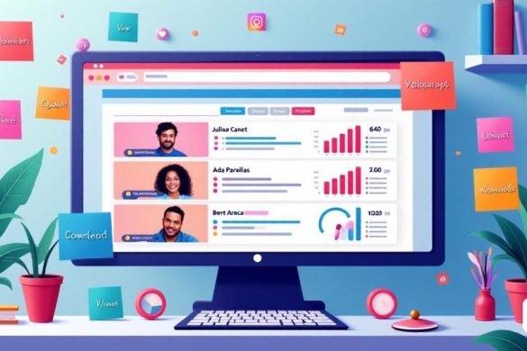 La imagen muestra un espacio de trabajo digital vibrante y atractivo, lleno de coloridos gráficos e íconos que representan varias plataformas de redes sociales como 'Tiktok', 'Instagram' y 'YouTube'. En primer plano, una gran pantalla de computadora muestra la interfaz de clasificación 'Llista.cat', que muestra una lista de creadores de contenido con sus nombres como 'Juliana Canet', 'Ada Parellada', 'Pol Casellas' y 'Berta Aoca' destacada. El perfil de cada creador incluye métricas visualmente atractivas, como 'vistas', 'me gusta' y 'comentarios', representados por gráficos de barras dinámicas y gráficos circulares. Alrededor de la pantalla hay notas adhesivas con palabras clave como 'abast', 'Qualitat' y 'debat', enfatizando los tres criterios principales para la clasificación. El fondo está lleno de un suave gradiente de azul y blanco, dando un aspecto moderno y limpio, mientras que algunas plantas y libros en un estante agregan un toque de calidez y creatividad al espacio de trabajo. La atmósfera general