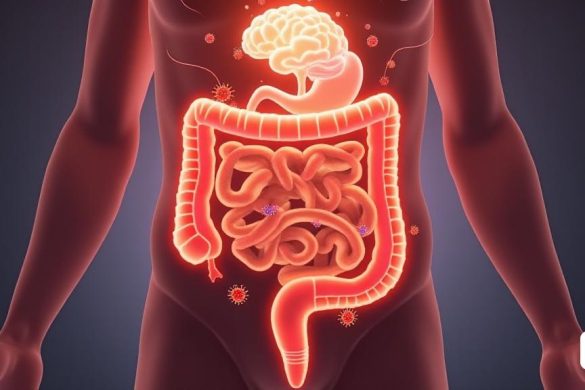 La imagen muestra un 'intestino' humano estilizado, con un fondo suave y cálido que evoca una sensación de bienestar. En el centro, el intestino está representado con un diseño detallado, mostrando sus pliegues y texturas, resaltando la 'microbiota' con pequeñas figuras de 'bacterias', 'virus' y 'hongos' en colores vibrantes, simbolizando la diversidad de microorganismos. Alrededor del intestino, se visualizan conexiones en forma de líneas luminosas que representan el 'nervio vago', las 'hormonas' y el 'sistema inmunitario', fluyendo hacia un 'cerebro' en la parte superior de la imagen, que está iluminado y emitiendo energía. En la parte inferior, hay una representación de alimentos saludables como frutas, verduras y yogur, simbolizando la importancia de una 'dieta equilibrada' para la salud intestinal. La imagen transmite una sensación de conexión y equilibrio entre el intestino y el cerebro, destacando su influencia mutua en la salud y el bienestar.