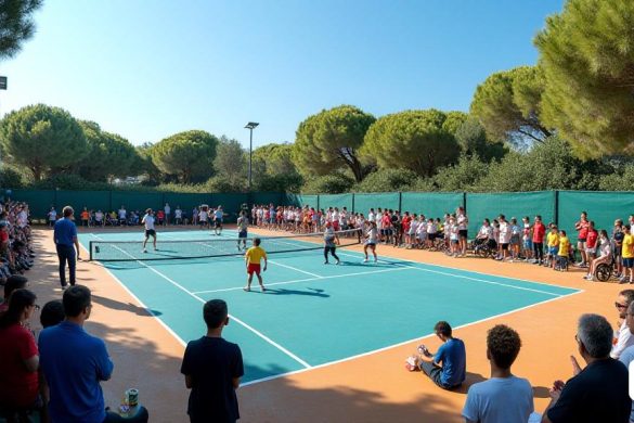 La imagen muestra un vibrante 'torneo' de 'tenis adaptado' en el 'Club de Golf Costa Daurada Tarragona Sports Center'. En el centro de la escena, un grupo de 'tenistas' de diversas 'capacidades' compite en una de las canchas de 'tenis', rodeados de un público entusiasta que aplaude y anima. Los jugadores, vestidos con coloridos 'uniformes', reflejan una mezcla de emociones, desde la concentración hasta la alegría. A un lado, se puede ver un pequeño podio donde se preparan las 'medallas' que se otorgarán a todos los participantes al final del evento. La atmósfera está impregnada de 'compañerismo', con jugadores de diferentes 'categorías' interactuando y apoyándose mutuamente. En el fondo, se distingue una pancarta que honra a 'Gerard Gibert', con flores y velas dispuestas en su memoria, mientras un grupo de personas guarda un 'minuto de silencio'. Los representantes de 'Vopak Terquimsa' y otros dignatarios observan la ceremonia con respeto, algunos tomando notas y otros conversando entre ellos, resaltando la i