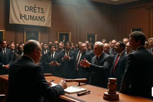 La imagen muestra una escena dramática de la corte, llena de tensión y emoción. En primer plano, un juez de aspecto severo se sienta en un banco de madera grande e imponente, adornado con intrincadas tallas y un mazo que descansa a su lado. La expresión del juez es grave, lo que refleja el peso de las decisiones que se toman. En el centro de la imagen, un grupo de abogados, vestidos con trajes negros formales, argumentan apasionadamente sus casos, sus rostros animados con determinación. Un abogado hace un gesto enfáticamente, mientras que otro se encuentra con los brazos cruzados, profundamente en el pensamiento. Detrás de ellos, una audiencia diversa de espectadores llena la galería, sus expresiones van desde preocupación hasta incredulidad. Algunos sostienen los teléfonos inteligentes, capturando el momento, mientras que otros susurran entre ellos, creando una atmósfera de anticipación. Las paredes de la sala del tribunal están llenas de paneles de madera oscura y adornadas con retratos históricos, lo que s