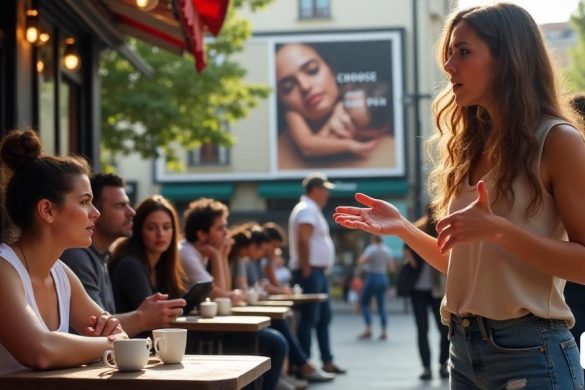 La imagen muestra una escena urbana vibrante y bulliciosa en Cataluña, que muestra un grupo diverso de personas involucradas en discusiones animadas fuera de un café moderno. En primer plano, una mujer joven con cabello largo y ondulado, con un atuendo informal pero elegante, es un gesto apasionado mientras habla con sus amigos, que escuchan atentamente. Su expresión es una mezcla de determinación y preocupación, que refleja el debate en curso sobre la 'maternidad' y la 'libertad'. Al rodearlos, varios clientes están sentados en mesas al aire libre, algunos tomando café, mientras que otros se absorben en sus teléfonos inteligentes, destacando la influencia de las 'redes sociales' en el discurso público. En el fondo, una gran cartelera muestra una imagen sorprendente de una madre e hijos, yuxtapuesta con texto audaz que dice 'elige su camino', que simboliza las presiones sociales que rodean la 'maternidad'. La atmósfera es animada, pero una sensación de tensión persiste a medida que las personas participan en