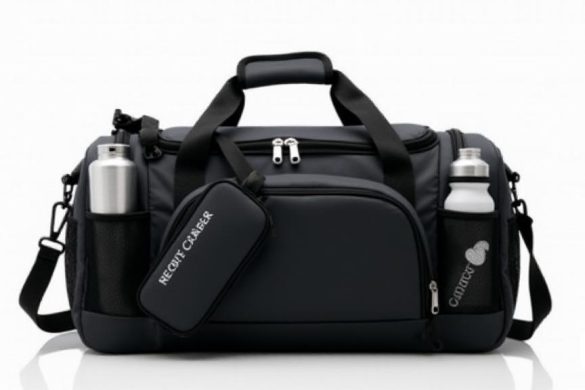 La imagen presenta una elegante bolsa deportiva 'negra' que se muestra prominentemente contra un fondo limpio y 'blanco', enfatizando su diseño minimalista. La bolsa mide aproximadamente '45 x 22.5 x 20 centímetros ', que muestra un espacioso compartimento principal que está cerrado de forma segura con una' cremallera 'suave. La cremallera se resalta con una sutil pestaña de tirón plateado, agregando un toque de elegancia. En primer plano, un pequeño 'bolsillo delantero' es visible, ligeramente desabrochado para revelar una 'botella de agua' y un par de 'auriculares', que ilustra la practicidad de la bolsa para el uso diario. A cada lado de la bolsa, se muestran 'bolsillos laterales de malla', que sostienen perfectamente dos 'botellas deportivas', destacando la funcionalidad de la bolsa para personas activas. La correa de hombro ajustable y desmontable está acolchada, asegurando la comodidad, y se cubre sobre la bolsa, mientras que las manijas acolchadas se colocan perfectamente en la parte superior, lo que s