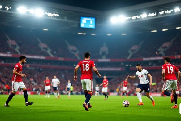 La imagen presenta una escena vibrante en el estadio 'San Mamés' en 'Bilbao, España', iluminada bajo las luces brillantes de un partido de la tarde. Las stands están llenas de fanáticos entusiastas, con el icónico 'rojo' del 'Manchester United' y el 'blanco' de 'Tottenham Hotspur', creando un mar de color que refleja su apasionado apoyo. En el campo, los jugadores de ambos equipos están involucrados en un intenso momento de juego, con 'Bruno Fernandes' en su clásica camiseta número 18, driblando hábilmente la pelota mientras busca una apertura. En el fondo, el marcador muestra la hora como '3 p.m. Et ', y la atmósfera es eléctrica, con ventiladores agitando banderas y cantando en anticipación del partido. El campo está perfectamente cuidada, con una hierba verde brillante que contrasta bruscamente contra los coloridos kits de los jugadores. La imagen captura la esencia de una final de la Europa League 'de alto riesgo, llena de emoción, esperanza y la promesa de gloria.
