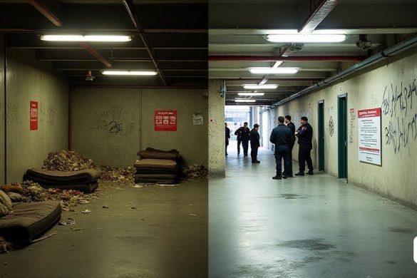 La imagen representa la instalación de estacionamiento subterráneo en '73 Béjar Street 'en el vecindario' Sants 'de' Barcelona '. La escena se divide en dos mitades contrastantes. A la izquierda, el 'estacionamiento subterráneo' está débilmente iluminado, con restos de caos evidentes; 'colchones' dispersos, 'muebles' descartados y montones de 'desechos' ensucian el suelo, obstruyendo las salidas de emergencia. Las paredes están manchadas de mugre, y el aire está lleno de una sensación de negligencia y peligro. En la esquina, una cama improvisada hecha de 'cartón' y 'mantas' insinúa la 'habitación' que una vez tuvo lugar aquí. Las etiquetas de graffiti son visibles en las paredes, que representan un sentido de decadencia urbana. En el lado derecho, la escena pasa a las consecuencias del 'desalojo'. Se muestra un área limpia y brillante, con un equipo de 'trabajadores' en uniformes limpiando activamente el espacio, eliminando los escombros y desinfectando el medio ambiente. El personal de 'seguridad' se encuent