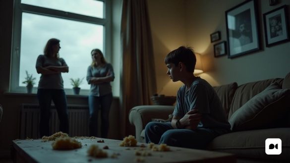 La imagen representa una escena familiar tensa y emocionalmente cargada ambientada en una sala de estar con poca luz. En primer plano, un adolescente se sienta en un sofá desgastado, su expresión una mezcla de desafío y tristeza. Sus brazos se cruzan firmemente sobre su pecho, y mira por la ventana, evitando el contacto visual con sus padres. La habitación está desordenada, con restos de comidas a medias en la mesa de café, simbolizando la lucha con los 'trastornos alimentarios' ('TCA'). En el fondo, una madre se encuentra con las manos en las caderas, su rostro grabada de frustración y preocupación, lo que refleja la "presión" que coloca en su hijo con respecto a la "apariencia" y la "nutrición". A su lado, el padre se apoya contra la pared, su ceño frunció el ceño, encarnando sentimientos de impotencia y enojo. Las paredes están adornadas con fotos familiares, pero parecen distantes y fríos, destacando la desconexión emocional. Las sombras se cierran en las esquinas de la habitación, que representan el "res