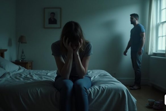 La imagen representa una escena sombría y emocional ambientada en una habitación con poca luz, donde una mujer llamada Kate se sienta al borde de una cama bien hecha, su cabeza en sus manos, abrumada por una mezcla de conmoción y desesperación. La habitación está llena de sombras, lanzando una atmósfera de tensión y miedo. En el fondo, una figura borrosa de un hombre, que representa a su esposo, se encuentra con una expresión lejana, que encarna la traición y el control que ejerció sobre su vida. Las paredes están adornadas con fotografías familiares, que muestran tiempos más felices, ahora teñidos de tristeza y traición. Una taza de té se encuentra en una mesita de noche, insinuando el 'pico' que ocurrió, mientras que un pequeño juguete para niños se encuentra en el piso, simbolizando la inocencia de sus hijos atrapados en la agitación. La paleta de colores general está silenciada, con tonos de gris y azul, evocando una sensación de pérdida y trauma, mientras que un rayo de luz desde una ventana ilumina la c