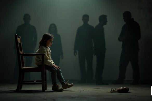 La imagen representa una escena sombría y reflectante en una habitación con poca luz, simbolizando la gravedad de los problemas que rodean la protección de menores vulnerables. En primer plano, una niña, de alrededor de 12 años, se sienta en una silla desgastada, su expresión una mezcla de tristeza y confusión. Está vestida con un suéter simple y ligeramente de gran tamaño, lo que sugiere una sensación de vulnerabilidad. El fondo presenta siluetas borrosas de figuras de adultos, que representan las 'casas' que no han podido protegerla. Las sombras se cierran sobre la escena, enfatizando la "normalización" de las relaciones inapropiadas entre menores y hombres mucho mayores. Un pequeño regalo descartado, como un teléfono móvil o un par de zapatillas de deporte, se encuentra en el piso, simbolizando los 'regalos' intercambiados por 'favores sexuales'. La atmósfera general es pesada, evocando una sensación de urgencia y la necesidad de un cambio sistémico en la protección de los menores.