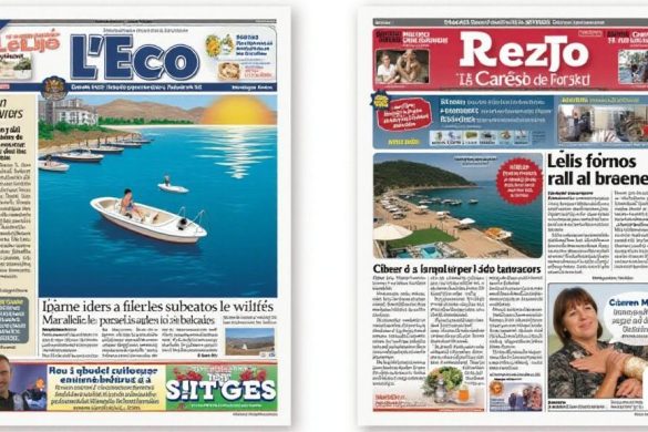 La portada de L’Eco presenta un 'diseño' vibrante y colorido que captura la esencia de la 'situació' actual del 'Club de Mar'. En el fondo, se puede ver una 'ilustración' del 'Club de Mar' con sus 'instal·lacions' icónicas, rodeadas de un mar azul profundo que refleja la luz del sol. En la parte superior, el título 'L’Eco' se destaca en letras grandes y audaces, con un estilo moderno que atrae la atención. A la izquierda, hay un recuadro que menciona la 'denúncia' de 'Junts per Sitges', con un gráfico que representa la subhasta de les instal·lacions del 'Club Natació Sitges', simbolizado por un martillo de subasta. A la derecha, se incluyen imágenes de coches con 'matrícula estrangera', resaltando la problemática de los robatoris, con un fondo de sombras que sugiere misterio. En la parte inferior, una fotografía de 'Carmen Merlos' sonriente, simboliza su jubilació, rodeada de flores y recuerdos de su 'botiga' en les 'Cases Noves'. El colorido de la portada se complementa con detalles de 'soroll' de la vida lo