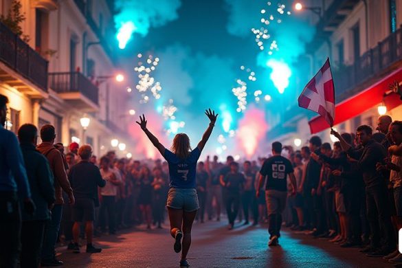 Las vibrantes calles de Nápoles están vivas con una atmósfera eléctrica, iluminadas por un caleidoscopio de 'fuegos artificiales' que estallan en el cielo nocturno, arrojando un brillo radiante sobre las multitudes jubilosas. El aire está lleno de 'humo azul' de 'brotes' que parpadean como estrellas, lo que se suma al caos festivo. Un mar de fanáticos extasiados llena las calles estrechas, sus caras pintadas en 'azul y blanco', agitando 'Saltiers' muy por encima de sus cabezas, orgullosos símbolos de su conexión escocesa. Entre la multitud, un fanático apasionado corre hacia una cámara de 'BBC Escocia', sus brazos levantados triunfan, gritando '¡Gracias, Escocia! ¡Gracias por McTominay! Su expresión es de pura alegría, que encarna el espíritu de la celebración. En el fondo, los 'Scooter Horns' se explotan implacablemente, mezclándose con los 'gritos de éxtasis' que resuenan en los edificios antiguos. Las calles están adornadas con pancartas y banderas coloridas, creando un tapiz festivo que refleja la rica cu