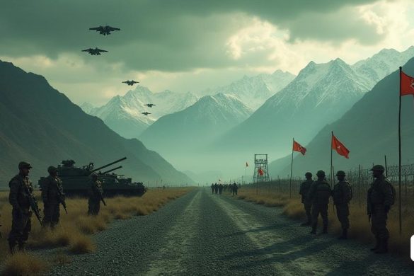 Se desarrolla una escena tensa y dramática, capturando la esencia del conflicto geopolítico entre 'India' y 'Pakistán'. En primer plano, se representa un paisaje escarpado de 'Cachemira', con montañas irregulares que se avecinan en el fondo, sus picos coronados con 'nieve' que brilla bajo un cielo melancólico. La atmósfera está llena de tensión, a medida que se reúnen las nubes oscuras, insinuando una tormenta inminente. Por un lado, el ejército indio está representado por soldados vestidos con 'camuflaje', sus expresiones se resuelven mientras están junto a la 'artillería' avanzada y vehículos blindados, simbolizando su presencia militar masiva. En el lado opuesto, las tropas paquistaníes se representan con vestimenta similar, pero con una ligera variación en su equipo, mostrando sus propias capacidades militares, incluida la sobrecarga 'JF-17 Fighter Jets'. La escena está intercalada con elementos de 'disuasión nuclear', como siluetas siniestras de lanzadores de misiles que se asoman a través de los árboles