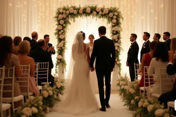Se desarrolla una impresionante escena de la boda, capturando la esencia del amor y la celebración. El lugar está adornado con 'luces de hadas centelleantes' que cubren elegantemente el techo, lanzando un cálido 'brillo dorado' sobre la reunión. Las filas de 'sillas blancas' están meticulosamente organizadas, cada una adornada con delicados 'arreglos florales' con suaves 'rosas pastel' y 'lirios'. En la parte delantera, un 'altar ornamentado' está decorado con exuberante vegetación y 'cortinas blancas' en cascada, creando un pintoresco telón de fondo para la ceremonia. En el centro se encuentra Seyran, radiante en su 'vestido de novia de ensueño' que fluye con gracia al suelo, adornado con intrincados encajes y cuentas brillantes. Su 'tiara', brillante como algo de un 'cuento de hadas', corona la cabeza, mejorando su belleza etérea. A su lado, Ferit es el epítome de la elegancia en un "traje negro" a medida, su rostro radiante con pura alegría y amor. Los 'invitados', una mezcla de familiares y amigos, son ca