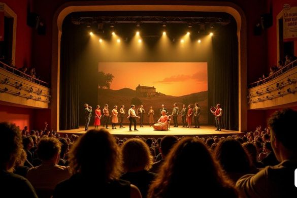 Se representa una vibrante escena teatral, que muestra una audiencia diversa sentada en un auditorio con poca luz. El escenario está iluminado con cálidas luces doradas, destacando un set dramático que representa un paisaje catalán rústico, con colinas onduladas y una pintoresca casa de campo en el fondo. En el escenario, los actores de la compañía 'José y Sus Hermanas' se dedican a una actuación animada, sus disfraces que reflejan una mezcla de estilos tradicionales y modernos, simbolizando el tema de la 'deconstrucción' de la obra. Las expresiones en las caras de los actores transmiten una emoción profunda, ya que retratan a los personajes que luchan con la dinámica de 'masculinidad' y 'familiar'. En primer plano, un grupo de miembros de la audiencia, incluida una pareja de edad avanzada y una joven, está cautivada por la actuación, sus rostros iluminados por las luces del escenario, que muestra una variedad de emociones desde la risa hasta la contemplación. La atmósfera se encarga de anticipación y reflexi