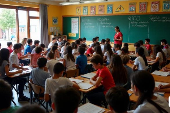 Un aula llena de gente llena de diversos estudiantes, cada uno involucrado en diversas actividades. La habitación está brillantemente iluminada, con coloridos carteles educativos en las paredes, que representan reglas de lenguaje 'català' y símbolos culturales. Los escritorios se organizan en grupos, y algunos estudiantes trabajan en grupos, mientras que otros se centran en tareas individuales. Un maestro, que parece abrumado, se encuentra en el frente, tratando de manejar el caos. La atmósfera es tensa, lo que refleja el 'saturació' y 'pressió' en el sistema educativo. En el fondo, una pizarra muestra estadísticas sobre los '9.000 alumnos Nous Cadad Mes', enfatizando la urgencia de la situación. Fuera de la ventana, un vistazo de un patio de la escuela muestra a los niños tocando, simbolizando la inocencia y el potencial de los jóvenes en medio de los desafíos que enfrentan el sistema educativo.