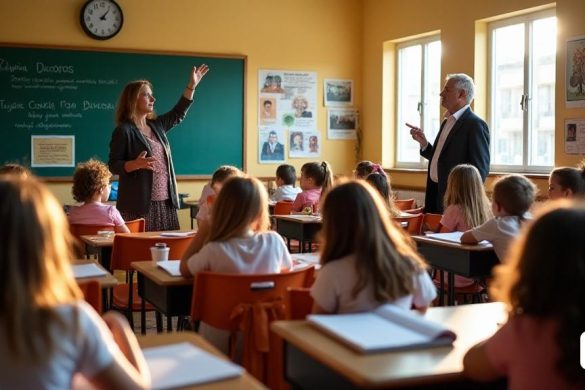 Un aula llena de rostros brillantes y ansiosos de estudiantes de 11 y 12 años, sentados en sus escritorios, cada uno adornado con coloridos papelería y libros de texto. Las paredes están decoradas con carteles educativos sobre la historia, incluidas las imágenes de 'Visigots', 'Gots' y 'El Cid'. En el frente, se encuentra una pareja de mediana edad, la mujer cuenta animadamente una historia, sus manos haciendo gestiones expresivamente, mientras el hombre escucha con atención, asintiendo con la cabeza. La luz solar se transmite a través de grandes ventanas, lanzando un brillo cálido en la escena, destacando las expresiones atentas de los estudiantes. Algunos estudiantes están levantando las manos, ansiosos por hacer preguntas, sus caras una mezcla de curiosidad e incredulidad mientras aprenden sobre las duras realidades del pasado, incluida la 'dictaña' y las consecuencias de hablar en contra de la autoridad. La atmósfera es una combinación de seriedad y esperanza, ya que la pareja enfatiza la importancia de c