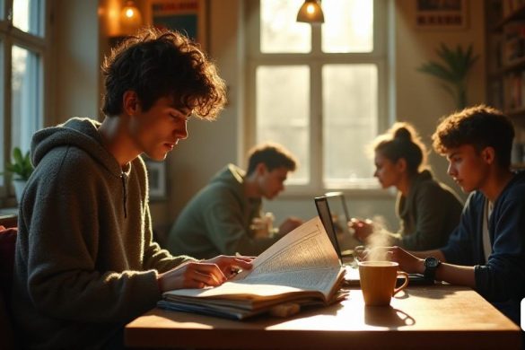 Un café acogedor y bien iluminado en las primeras horas de la mañana, donde un grupo de estudiantes se reúne alrededor de pequeñas mesas de madera. Las paredes están adornadas con carteles y estantes antiguos llenos de libros y revistas, creando un ambiente acogedor. La luz del sol se filtra a través de grandes ventanas, lanzando rayos dorados cálidos sobre las mesas. Un joven con cabello despeinado, vestido con un suéter casual, está sentado en una de las mesas, absorta en leer un periódico, sus páginas ligeramente arrugadas y muy queridas. Cerca, una taza de café humeante descansa sobre la mesa, rodeada de notas dispersas y una computadora portátil, simbolizando la combinación de medios tradicionales y digitales. En el fondo, otros estudiantes participan en discusiones animadas, algunos escribiendo en computadoras portátiles, mientras que otros comparten risas, encarnando la vibrante energía de la ambición juvenil y la creatividad. El aire está lleno del rico aroma del café recién hecho, mezclándose con el