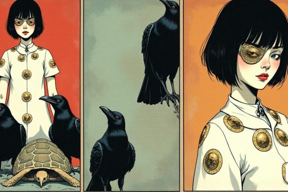 Un collage de imágenes muestra la obra de arte de múltiples títulos de Junji Ito, incluida la portada de la zona liminal y un video de Uzumaki. Las otras imágenes se desvanecen, con la única imagen convirtiéndose en la portada de la zona liminal, que es una mujer con un vestido blanco con varios círculos de oro en su atuendo y uno que cubre su ojo derecho. En una página de la zona liminal, una escena se desarrolla en varios paneles en los que un grupo de cuervos se burla de una tortuga que se ha retirado en su caparazón. La imagen se aprieta en C (8k, mejor calidad, obra maestra, muy detallada: 1.1)