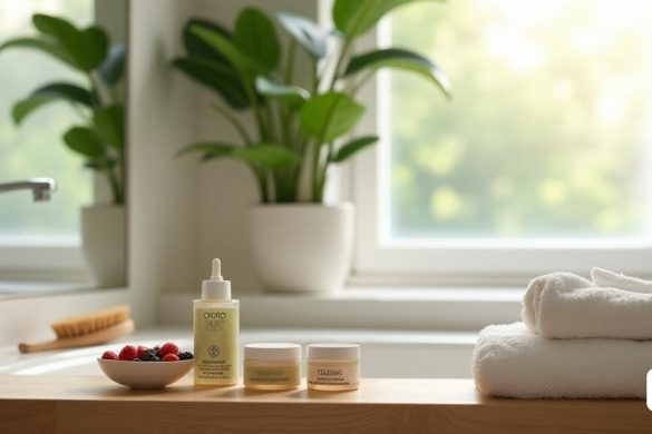 Un entorno de baño sereno y acogedor, suavemente iluminado por la luz natural que se filtra a través de una ventana esmerilada. En primer plano, un elegante estante de madera contiene una variedad de productos 'cosméticos' diseñados específicamente para combatir la 'celulitis', incluidos los frascos de crema con etiquetas con 'cafeína' y 'retinol', una botella de extracto de 'té verde' y un pequeño tazón de 'berries' frescas para un bocadillo saludable. Una toalla blanca de lujosa se enrolla bien al lado de los productos, insinuando una rutina posterior a la tienda. En el fondo, un espejo grande refleja una planta en maceta con exuberantes hojas verdes, simbolizando 'salud' y 'vitalidad'. Un 'cepillo seco' descansa en el borde de una elegante bañera, lista para 'auto-masaje'. El ambiente general es calmar y promueve una sensación de "bienestar", alentando a los espectadores a adoptar "hábitos saludables" para mejorar la textura de la piel. La paleta de colores es suave y terrosa, con blancos, verduras y tonos
