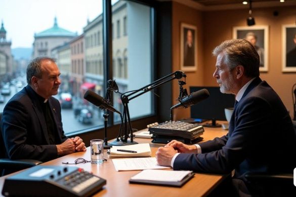 Un entorno formal dentro de un estudio de radio, donde 'Daniel Palau', un hombre de mediana edad con cabello corto y cuidadosamente peinado y con un traje oscuro, está sentado en un micrófono. El estudio está equipado con equipos de transmisión modernos, incluidos paneles de sonido y una gran consola de mezcla. Detrás de él, una gran ventana revela un bullicioso paisaje urbano de 'Lleida', con sus edificios históricos y calles vibrantes. En la mesa frente a él, hay notas y un vaso de agua, lo que indica que está preparado para la entrevista. El ambiente es de anticipación y profesionalismo, ya que comparte sus pensamientos sobre su reciente cita como 'obispo' con un comportamiento tranquilo. Las paredes están adornadas con fotografías enmarcadas de entrevistas pasadas y eventos religiosos, agregando un sentido de la historia al espacio. La iluminación es cálida, creando un ambiente acogedor para la discusión.