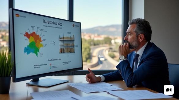 Un entorno profesional con Pere Virgili, el alcalde de Roda de Berà, participó en una discusión reflexiva. El telón de fondo incluye una oficina moderna con una gran ventana que muestra una vista de la ciudad, destacando la construcción continua de un 'túnel' en la distancia. En el escritorio, hay planos de la 'nueva biblioteca' y documentos relacionados con 'inversiones en red de agua'. El alcalde, vestido con un traje inteligente, hace un gesto hacia una tabla que muestra la 'relación de deuda' del municipio del 14.5%, mientras que una pantalla digital muestra un mapa del área 'Francaset' designada para 'vivienda pública'. La atmósfera es seria pero optimista, lo que refleja los desafíos y los planes para la comunidad, con un enfoque en 'vivienda asequible' y 'seguridad pública'.