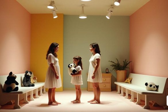 Un escenario acogedor y acogedor diseñado por Sergi Corbera, que se asemeja a una mezcla de una sala de espera y el dormitorio de un niño. La escena presenta 'bancos blancos' dispuestos, rodeados de 'paredes de color pastel' que evocan una sensación de calidez y comodidad. Varios 'accesorios' están dispersos, incluidos lujosos 'osos de panda' que simbolizan la inocencia y el afecto materno. La iluminación es suave, lanzando un brillo suave que mejora la atmósfera íntima. En primer plano, vemos a la pareja, 'Laia' y 'Toni', comprometidas en un diálogo animado, sus expresiones animadas y llenas de emoción. 'Laia', con un comportamiento delicado pero determinado, tiene un panda lujoso, mientras que 'Toni', más reservado, escucha intensamente, reflejando una mezcla de preocupación y amor. El telón de fondo sugiere su viaje, con elementos sutiles que sugieren su pasado y la inminente llegada de su hijo, creando una interacción dinámica entre el humor y la gravedad de su situación.