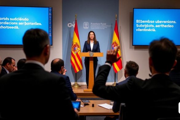 Un escenario profesional donde 'Núria Parlon', el 'Consellera d’Terior', está entregando una conferencia de prensa. Ella se encuentra con confianza en un podio adornado con la 'bandera catalana' y la 'bandera española', con un telón de fondo que presenta el emblema del 'gobierno catalán'. La habitación está llena de periodistas, algunos toman notas mientras que otras se centran en sus cámaras, capturando el momento. Parlon está vestido con un traje inteligente y personalizado, exudando autoridad y equilibrio. La iluminación es brillante, destacando su expresión mientras discute temas importantes como 'puertos', 'Aeroports' y 'Videovigilància'. En primer plano, un periodista levanta una mano, lista para hacer una pregunta, mientras que una pantalla grande detrás de su muestra puntos clave de su discurso, incluidas 'Subvenciones' y 'Multirincidència'. La atmósfera es tensa pero profesional, lo que refleja la importancia de los problemas que se abordan.