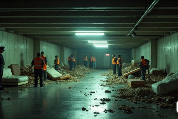 Un estacionamiento subterráneo con poca luz, que abarca cinco pisos, con paredes de concreto manchadas por tiempo y negligencia. El piso está abarrotado de 'colchones' descartados, 'muebles' y montones de 'basura', creando un ambiente caótico y insalubre. En primer plano, un grupo de 'limpieza de trabajadores' en chalecos naranjas brillantes se puede ver diligentemente eliminando la basura, sus expresiones una mezcla de determinación y preocupación. Algunos están levantando viejos 'sofás' y 'colchones', mientras que otros están barriendo los escombros. En el fondo, un par de puestos de 'guardias de seguridad' observan cerca de un conjunto de 'salidas de emergencia', que están bloqueadas por los restos de la ocupación anterior. Las luces dim fluorescentes parpadean por encima, lanzando sombras misteriosas que se suman a la sensación de inquietud. Se ve a un "oficial de policía" discutiendo con un "trabajador social", lo que indica la participación de las autoridades para abordar la situación. La atmósfera es t