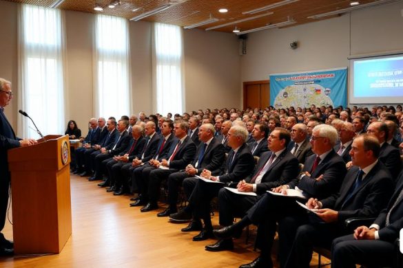 Un evento formal que tiene lugar en una espaciosa sala en 'Vilanova I la Geltrú', llena de un grupo diverso de alrededor de cincuenta 'alcaldes' y 'representantes municipales'. La atmósfera es de anticipación y compromiso, ya que 'Salvador Illa', el presidente de Generalitat, se encuentra en un podio adornado con el emblema oficial, dirigiéndose a la audiencia con un comportamiento seguro. Los asistentes, que representan diversos antecedentes políticos, están sentados en filas, algunos toman notas mientras que otros participan en discusiones tranquilas. El salón está decorado con pancartas que promueven el 'Plan de Barrios', enfatizando temas de 'mejora comunitaria' y 'rehabilitación urbana'. La luz natural se filtra a través de grandes ventanas, lanzando un brillo cálido en el piso de madera pulida. En el fondo, una pantalla grande muestra estadísticas clave sobre la inversión de '1.000 Millones de Euros' y los beneficios proyectados para '100 municipios'. El estado de ánimo tiene esperanzas, lo que refleja