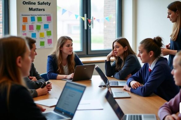 Un grupo de adolescentes sentados en un aula moderna en King's Oak Academy, cerca de Bristol, se dedicó a una discusión sobre la seguridad en línea. La habitación es brillante y aireada, con grandes ventanas que permiten inundar la luz natural. Los estudiantes, una mezcla diversa de niños y niñas, comparten animadamente sus pensamientos, algunos con computadoras portátiles abiertas frente a ellos mostrando chats grupales. Una niña, Ella, habla apasionadamente, su expresión es seria mientras enfatiza los desafíos de acceder a contenido dañino en línea. Otra estudiante, Lillie, está asintiendo de acuerdo, sus manos haciendo un gesto mientras habla sobre la responsabilidad de los padres. En el fondo, un póster en la pared lee 'seguridad en línea' con gráficos coloridos que ilustran prácticas seguras en Internet. El ambiente es una combinación de preocupación y determinación, lo que refleja el deseo de los estudiantes de una mejor educación y apoyo con respecto al contenido en línea. Una maestra, Katherine Ogden,