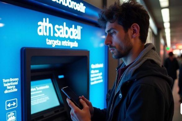 Un individuo preocupado se encuentra frente a un cajero automático de Banco Sabadell, su expresión una mezcla de ansiedad y determinación. La pantalla del cajero automático muestra un mensaje de advertencia sobre 'Tareta RETINGUDA', mientras que la máquina en sí es elegante y moderna, con un esquema de color azul brillante y blanco típico de Banco Sabadell. El área circundante está bien iluminada, con algunos transeúntes en el fondo, creando una sensación de urgencia. El individuo está sosteniendo su teléfono inteligente, posiblemente accediendo a la aplicación Banco Sabadell para obtener ayuda. Cerca, un letrero indica la ubicación de la oficina bancaria más cercana, enfatizando la importancia de buscar ayuda. La atmósfera general transmite una mezcla de tensión y esperanza, destacando la importancia de mantener la calma y seguir las pautas del banco durante una situación estresante.