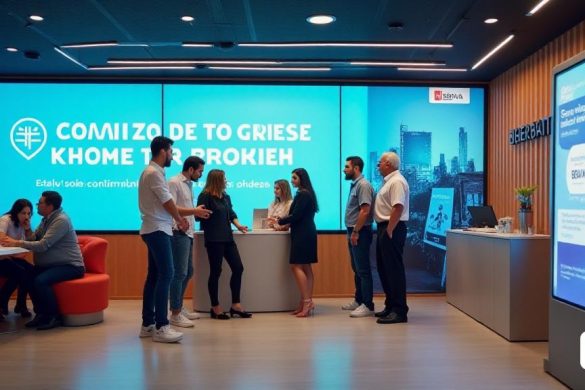 Un interior vibrante y moderno de la oficina bancaria, que muestra un ambiente acogedor con muebles elegantes e iluminación brillante. En primer plano, un grupo diverso de clientes, incluida una pareja joven y una persona mayor, se dedican a conversaciones con representantes de bancos amigables. Las paredes están adornadas con pantallas digitales que muestran la promoción 'Compte Online Sense Comisions', enfatizando 'cero comisiones' y 'beneficios exclusivos'. Una gran pancarta lee 'Estalvia Molts Diners' en negrita, mientras que un quiosco digital cercano permite a los clientes acceder fácilmente a la información sobre la apertura de una cuenta. El ambiente general transmite un sentido de confianza e innovación, destacando el compromiso de BBVA con la satisfacción del cliente y la transparencia financiera.