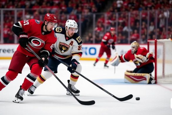 Un momento tenso capturado en el hielo durante un intenso juego de playoffs entre los Hurricanes de Carolina y los Florida Panthers. La imagen muestra los vibrantes colores 'rojos' y 'negros' de los uniformes de los huracanes ', que contrastan bruscamente con el' azul marino 'y el' oro 'de las panteras. En primer plano, el delantero de Carolina, Carter Verhaeghe, es visto hábilmente maniobrando el disco, su rostro muestra una mezcla de determinación y enfoque. Detrás de él, el portero, Sergei Bobrovsky, está en una posición dinámica agachada, lista para defenderse de un disparo inminente, sus almohadillas 'blancas' brillan bajo las luces de la arena. La multitud en el fondo es un mar de 'colores de equipo', con fanáticos que agitan banderas y usan camisetas, creando una atmósfera eléctrica llena de anticipación. El marcador en el fondo muestra una puntuación cerrada, enfatizando las altas apuestas del juego. El hielo está marcado con líneas frescas de 'skate', y el disco se captura en el aire, a solo centímet