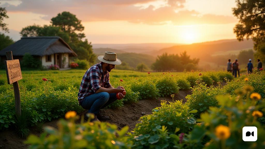 Un paisaje agrícola sereno al amanecer, bañado con suave luz dorada. En primer plano, los exuberantes campos verdes se estiran, salpicados de parches vibrantes de flores silvestres en tonos de púrpura, amarillo y rojo, simbolizando la 'biodiversidad'. Un agricultor, con un sombrero de paja y una camisa a cuadros, se arrodilla junto a una hilera de verduras orgánicas, examinando cuidadosamente un tomate maduro. Cerca, un letrero de madera dice 'Agricultura Ecològica', enfatizando el compromiso con la 'sostenibilidad'. En el fondo, se puede ver una pintoresca granja con un techo de paja y un pequeño huerto, rodeado de árboles florecientes. Una suave brisa susurra las hojas, y el sonido lejano de los pájaros chirridos se suma al ambiente pacífico. Arriba, el cielo está pintado en tonos pastel de rosa y naranja a medida que sale el sol, lanzando un brillo cálido sobre el paisaje. A lo lejos, se ve a un grupo de agricultores discutiendo sus prácticas, reflejando el espíritu comunitario y la colaboración en la agri