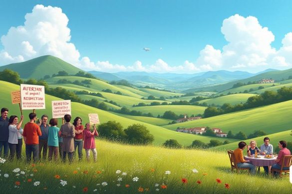 Un paisaje sereno de 'Font-Rubí de Dalt', que muestra colinas rodantes adornadas con exuberante vegetación y parches de flores silvestres. En primer plano, un grupo de residentes preocupados, que representan la plataforma 'Salvem Font-Rubí', se reúne con carteles que leen '¡Atureu el Projecte!' y 'Respetem la Carta del Paisatge'. Sus expresiones reflejan la determinación y la preocupación por el medio ambiente. En el fondo, se puede ver el contorno de las casas propuestas de '7 Unifamiliarys', yuxtapuestas contra la belleza natural de la zona. El cielo es un azul vibrante, salpicado de nubes blancas esponjosas, simbolizando la esperanza y el espíritu comunitario. Cerca, se está llevando a cabo una pequeña reunión, donde los lugareños se dedican a las discusiones sobre el impacto de la urbanización en su paisaje, con una mesa preparada para un 'sabor de Vins', que muestra productos locales. La escena captura la esencia de una comunidad unida en su lucha para preservar su herencia y entorno.