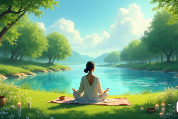 Un paisaje sereno que representa una tranquila escena de meditación. En primer plano, una persona se sienta con las piernas cruzadas en un parche suave y cubierto de hierba, con los ojos suavemente cerrados, encarnando un estado de profundo 'calma' y 'paz'. El individuo está vestido con ropa cómoda y fluida, con una tela ligera que se balancea suavemente en una suave brisa. Al rodearlos hay exuberantes árboles verdes, sus hojas susurran suavemente, creando una 'sinfonía' natural de sonidos que se suma a la atmósfera de tranquilidad. En el fondo, fluye una corriente suave, su agua cristalina que refleja la luz del sol, creando un efecto brillante que mejora el sentido de 'serenidad'. El cielo de arriba es un azul brillante, salpicado de nubes blancas esponjosas, lanzando sombras juguetones en el suelo. Explotados por el meditador hay varias herramientas de 'meditación': un pequeño 'tazón de canto', algunas 'velas' parpadeando suavemente y algunas "flores" delicadas que agregan un toque de color y vida a la esc
