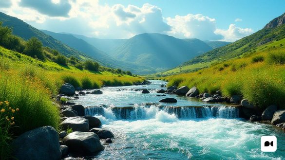 Un paisaje vibrante que representa el exuberante y rejuvenecido paisaje de Catalunya después de un período de lluvia significativa. El primer plano presenta un 'río' que fluye energéticamente, con agua 'clara' en cascada sobre piedras lisas, reflejando la luz solar. A cada lado del río, florece la vegetación 'verdante', que muestra una variedad de tonos 'verdes', desde esmeralda profunda hasta lima brillante. En el fondo, las 'colinas onduladas' se elevan suavemente, salpicadas de parches de flores silvestres en colores 'vívidos', creando un pintoresco contraste contra el cielo 'azul'. Los 'embajadores' son visibles, y algunos aparecen 'completos hasta el borde', mientras que otros se encuentran en niveles impresionantes, marcados por 'agua' que brillan bajo el sol. La escena captura la esencia de la recuperación y la abundancia, simbolizando el final de la sequía, con 'nubes' que comienzan a reunirse en la distancia, insinuando el potencial de más lluvia. La atmósfera general es una de 'renovación' y 'espera