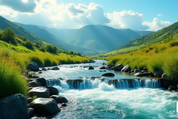 Un paisaje vibrante que representa el exuberante y rejuvenecido paisaje de Catalunya después de un período de lluvia significativa. El primer plano presenta un 'río' que fluye energéticamente, con agua 'clara' en cascada sobre piedras lisas, reflejando la luz solar. A cada lado del río, florece la vegetación 'verdante', que muestra una variedad de tonos 'verdes', desde esmeralda profunda hasta lima brillante. En el fondo, las 'colinas onduladas' se elevan suavemente, salpicadas de parches de flores silvestres en colores 'vívidos', creando un pintoresco contraste contra el cielo 'azul'. Los 'embajadores' son visibles, y algunos aparecen 'completos hasta el borde', mientras que otros se encuentran en niveles impresionantes, marcados por 'agua' que brillan bajo el sol. La escena captura la esencia de la recuperación y la abundancia, simbolizando el final de la sequía, con 'nubes' que comienzan a reunirse en la distancia, insinuando el potencial de más lluvia. La atmósfera general es una de 'renovación' y 'espera