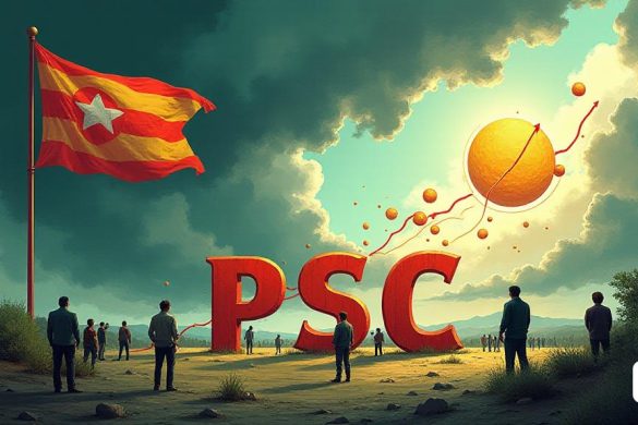 Un panorama político detallado en Catalunya, que muestra un cambio dramático en la dinámica del partido. En primer plano, un logotipo grande y audaz 'PSC' se destaca prominentemente, simbolizando su ascenso como la fiesta 'hegemónica', rodeada por un telón de fondo de logotipos más pequeños y desvanecientes de 'juntas' y 'ERC', que indica su declive. La atmósfera es tensa, con nubes oscuras que se avecinan sobre el logotipo de las 'juntas', que representa el 'caiguda lliure' de Carles Puigdemont, mientras que los rayos de luz brillan en el logotipo de 'Aliança Catalana', que es 'Disponse' hacia arriba, lo que significa su creciente apoyo. En el fondo, un gráfico ilustra el 'Enfonsamento' de varias partes, con flechas que apuntan hacia abajo para 'juntas' y hacia arriba para 'Aliança Catalana'. La escena está llena de figuras ansiosas que representan a los votantes, algunos parecen preocupados por el "indefinicado" de las "juntas", mientras que otros parecen esperanzadoras por la "socioconvergència" emergente.