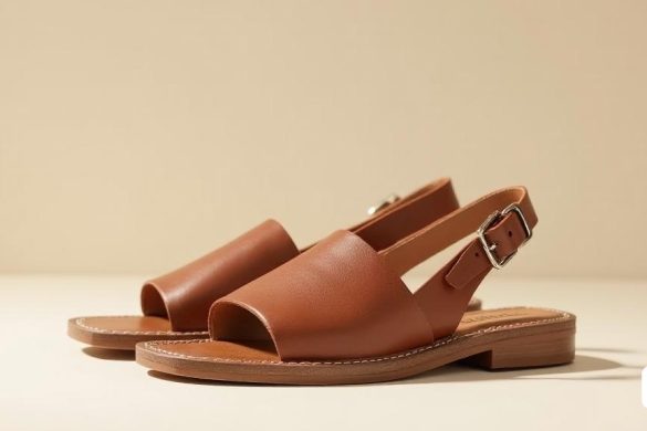 Un par de elegantes sandalias marrones se muestran prominentemente sobre un fondo suave y neutral. Las sandalias cuentan con correas anchas que acunan elegantemente el pie, mostrando un diseño clásico que es elegante y versátil. El cuero utilizado es de alta calidad, de curtidos certificados por el grupo de trabajo de cuero, lo que garantiza un proceso de producción ecológico. Las sandalias tienen una cómoda plantilla de cuero que promete una sensación agradable durante el uso prolongado. La estructura abierta de las sandalias permite la transpirabilidad, lo que las hace ideales para los cálidos días de verano. Con un precio de solo '13, 99 euros ', estas sandalias representan una combinación perfecta de' estilo ',' comodidad 'y' sostenibilidad ', que atraen a aquellos que buscan calzado de moda pero práctico. La imagen captura la esencia de la moda de verano, invitando a los espectadores a imaginarse usando estas elegantes sandalias en un día soleado.